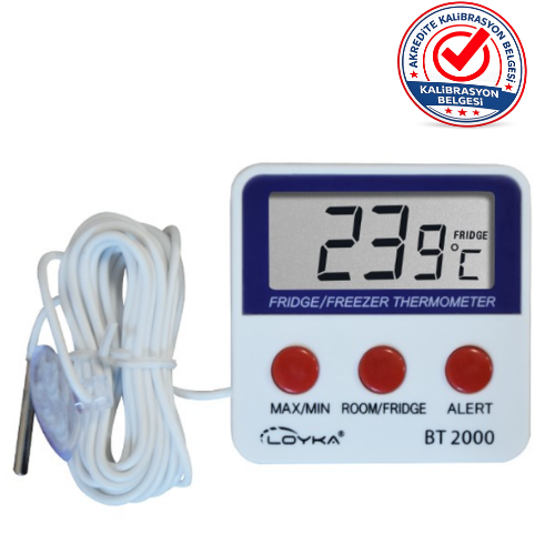 Loyka BT-2000 Alarmlı ve Mıknatıslı Buzdolabı Termometresi -50°C ... +70°C  Kalibrasyon Belgeli