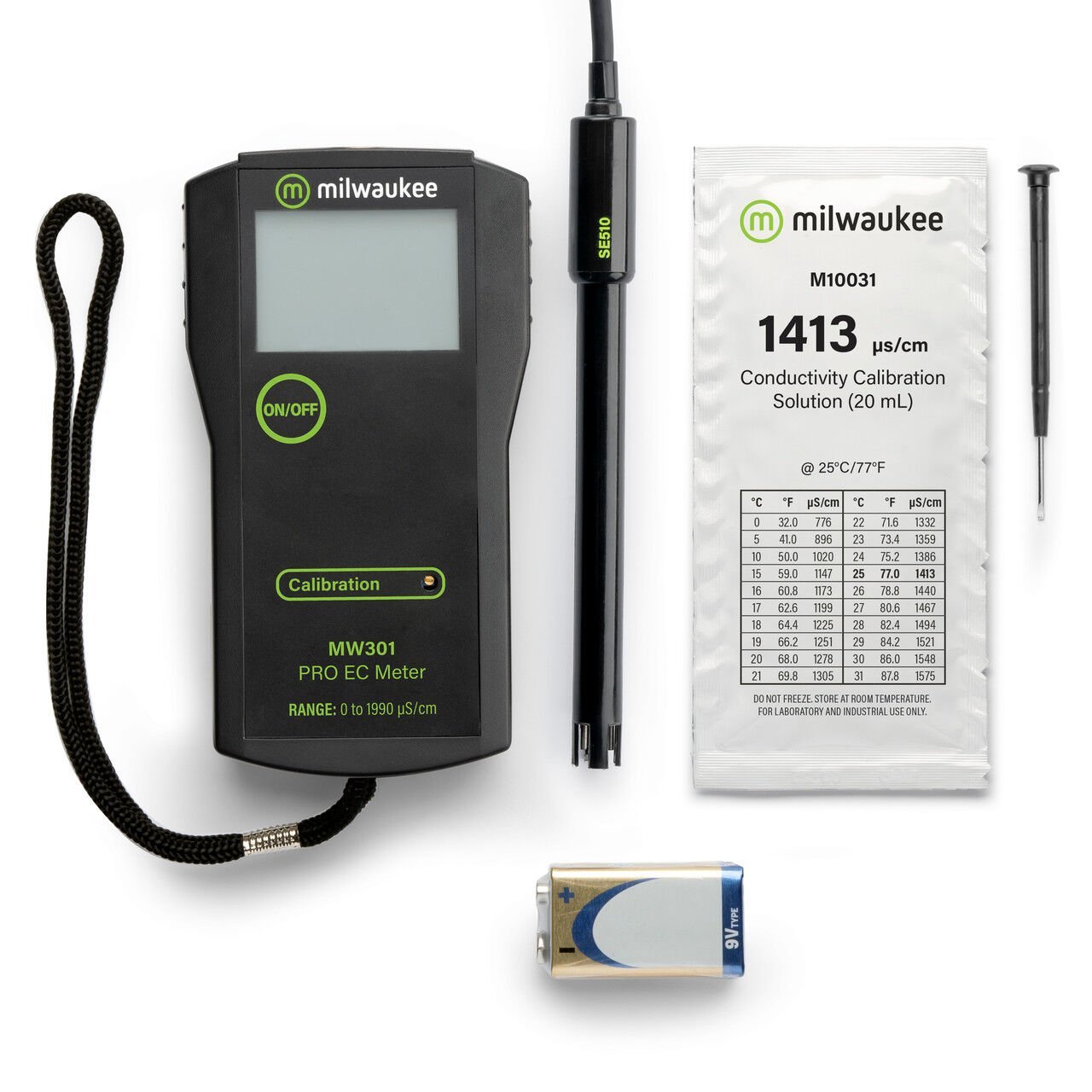 Milwaukee MW301 Taşınabilir EC Ölçer | 0-1990 µS/cm İletkenlik Ölçümü | Tarım, Hidroponik ve Su Kalitesi Test Cihazı